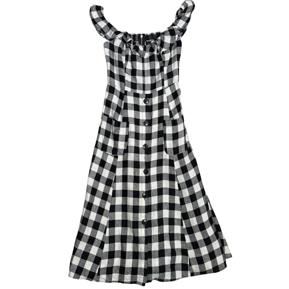 Reformation Hattie Linen Midi Dress Gingham Black White Size 6 Off the Shoulder - Picture 3 of 11